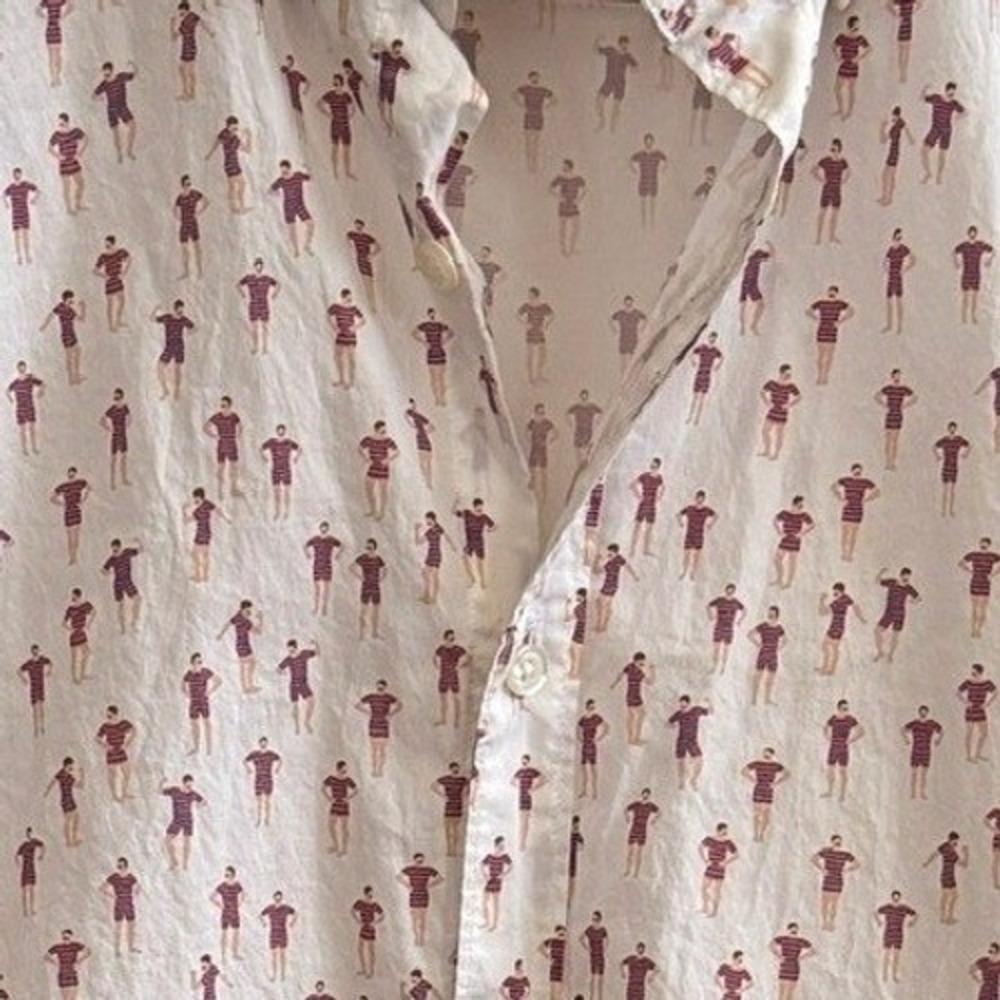 Bonobos Mens Swimsuit Strongman Print Shirt‎ M White Novelty Casual Retro Quirky